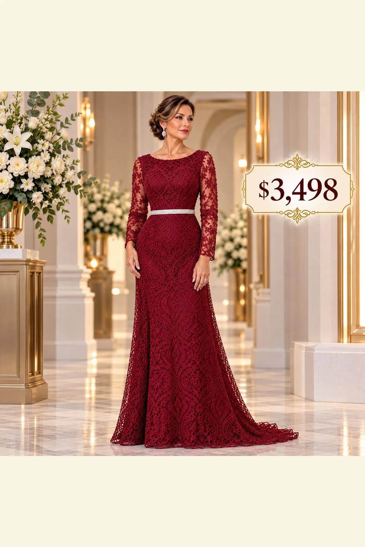 VESTIDO TINTO DE ENCAJE CON MANGA LARGA CON CINTURÓN PLATEADO