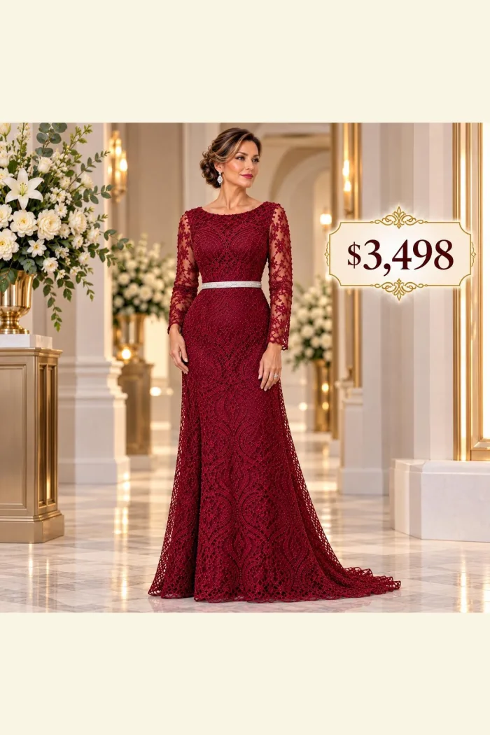 VESTIDO TINTO DE ENCAJE CON MANGA LARGA CON CINTURÓN PLATEADO