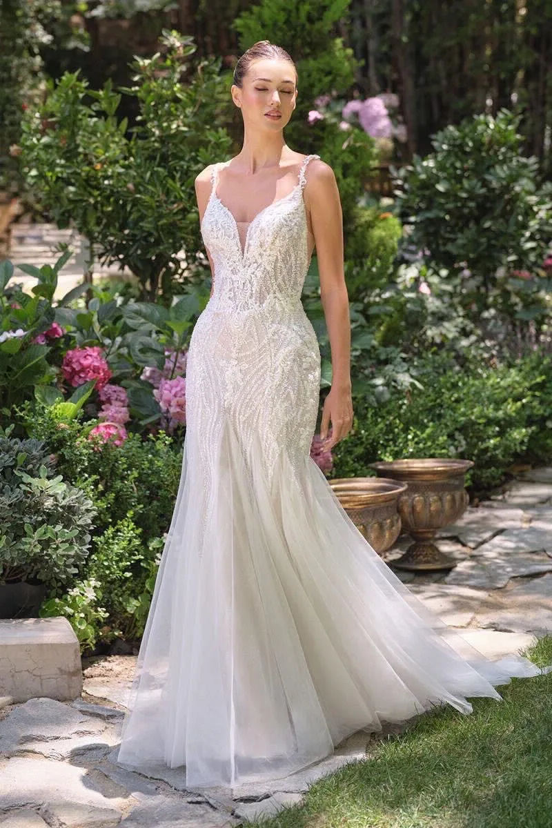 VESTIDO DE NOVIA CORTE SIRENA CON TIRANTE DELGADO Y PIEDRERIA WL066