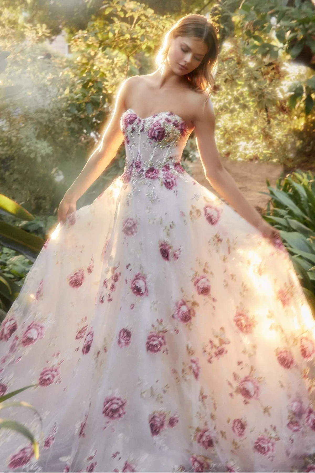 VESTIDO FIESTA CORSET MANGA DESMONTABLE CORTE PRINCESA ESTAMPADO FLORES
