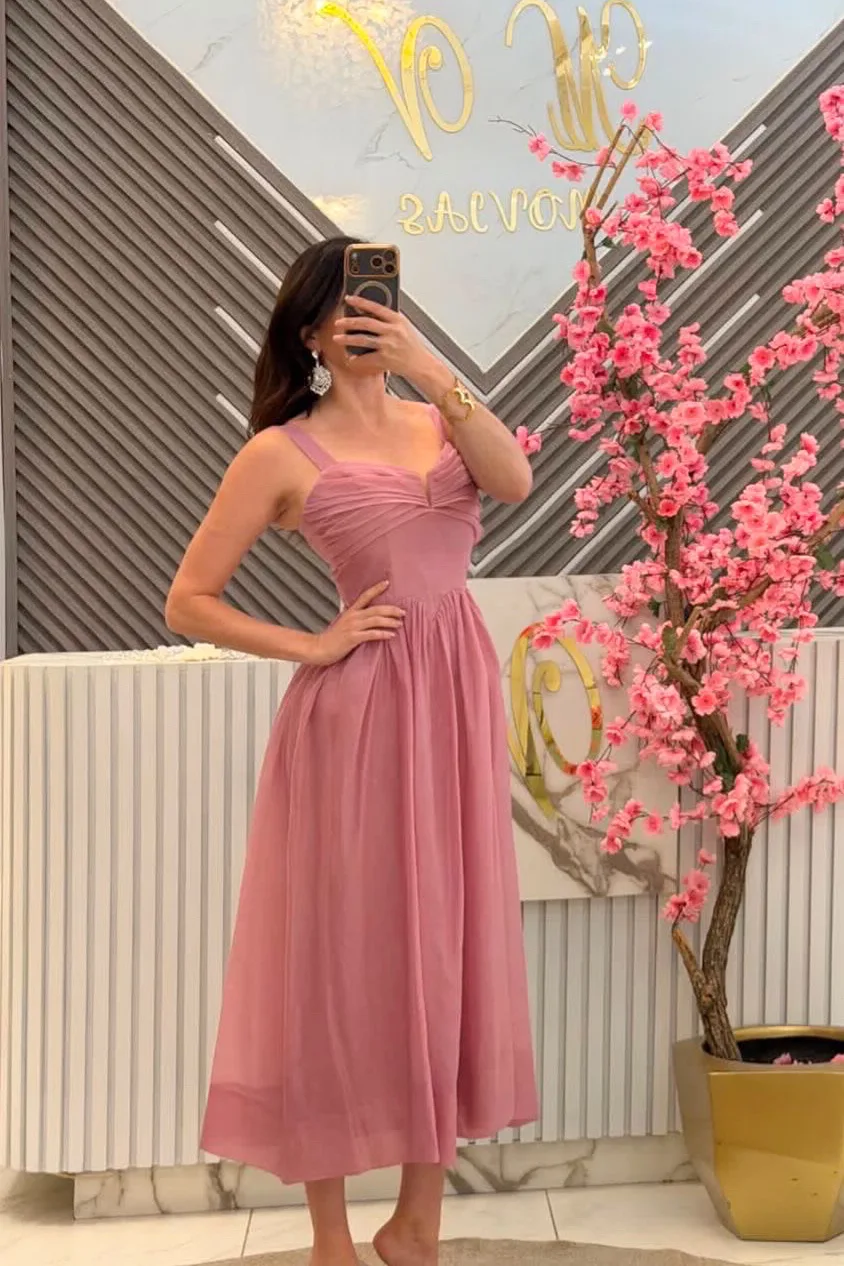 VESTIDO MIDI ROSA CORTE A