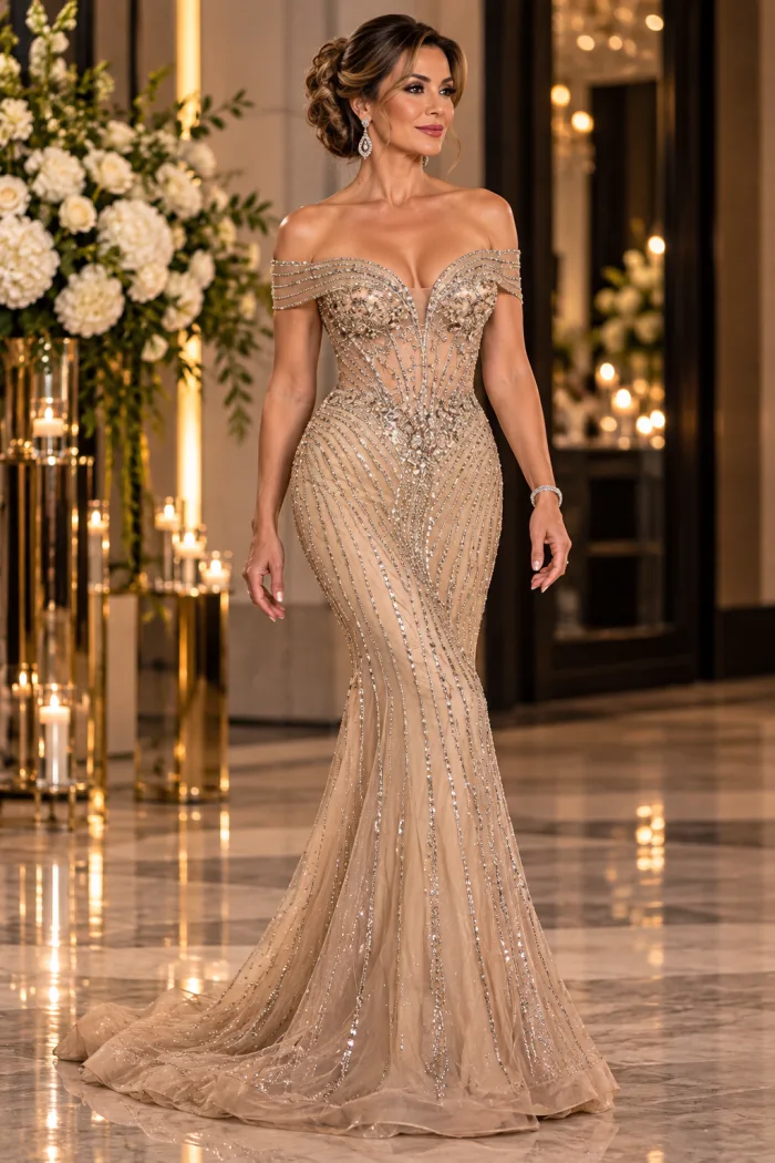 Vestido, color, oro, corte, sirena con Pedreria