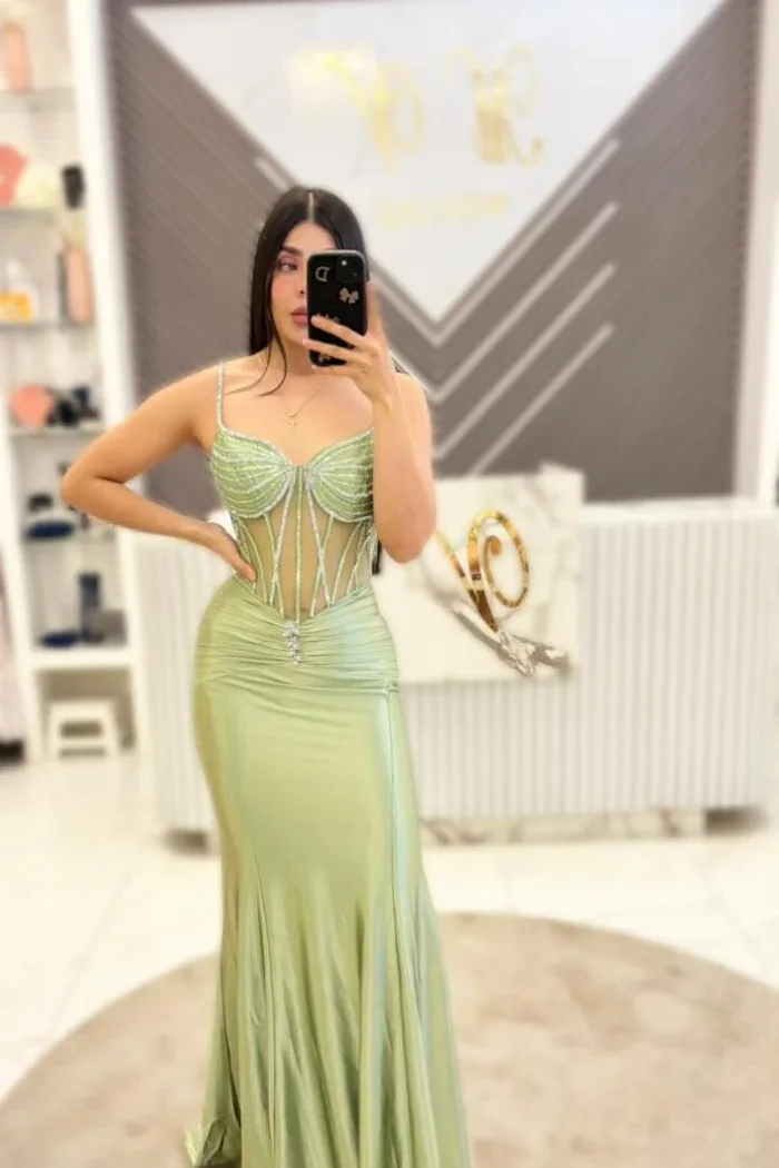 VESTIDO VERDE SAGE, CON TRANSPARENCIA Y CORSET