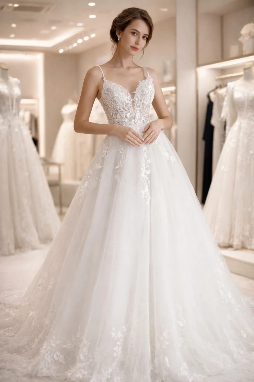 Vestido, princesa de tirantes con apliques