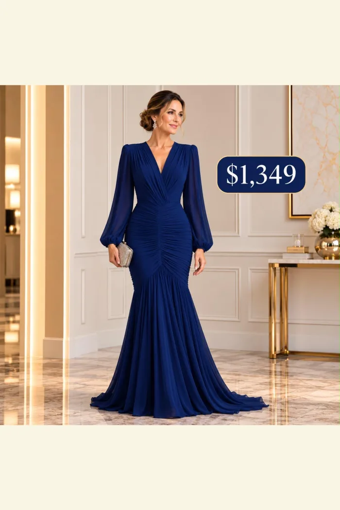 VESTIDO AZUL CORTE SIRENA Y MANGA LARGA