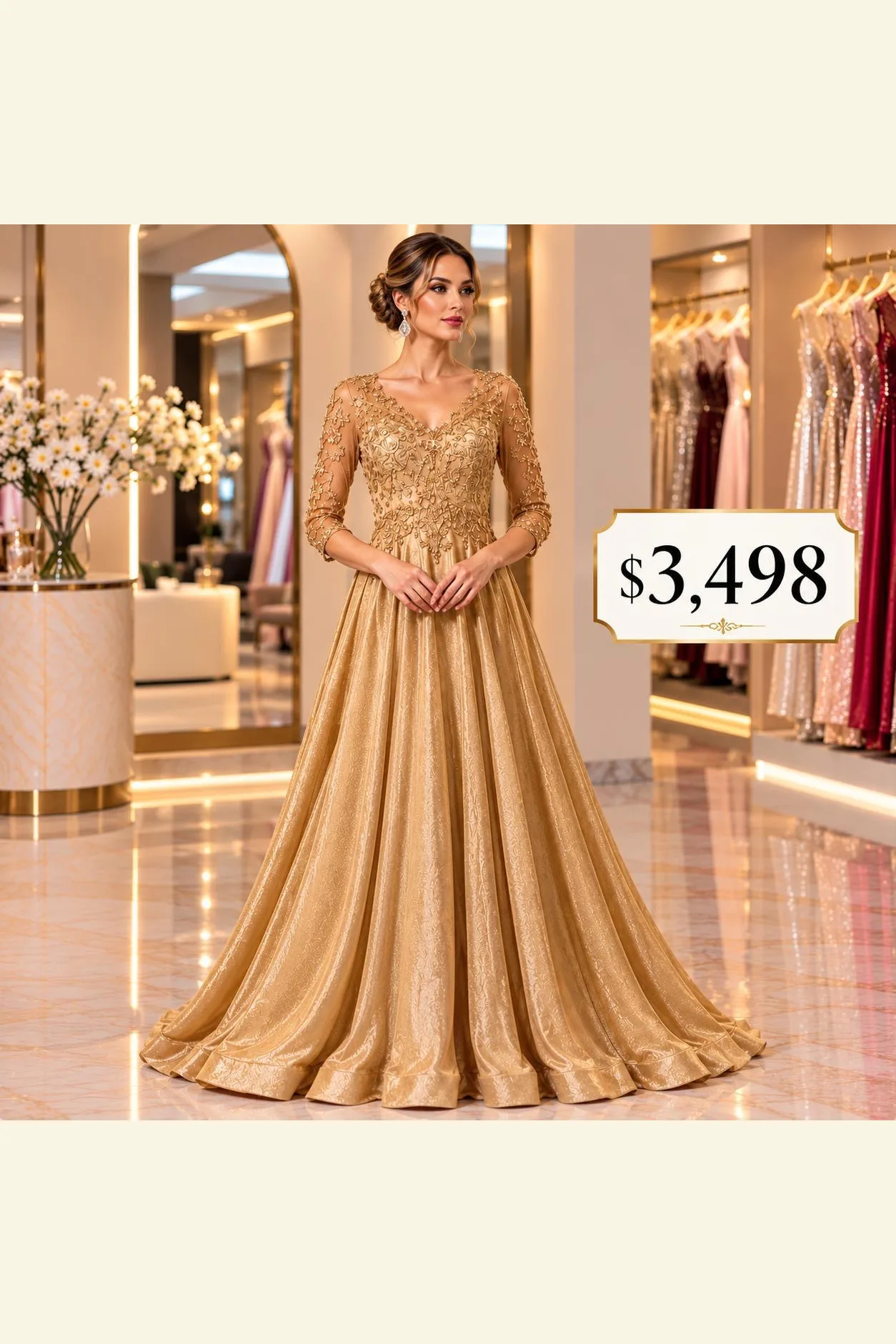 VESTIDO DORADO PEDRERÍA Y MANGAS CON TRANSPARENCIAS