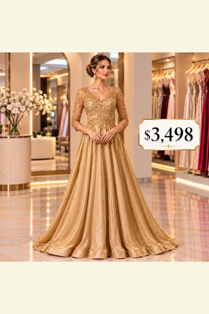VESTIDO DORADO PEDRERÍA Y MANGAS CON TRANSPARENCIAS