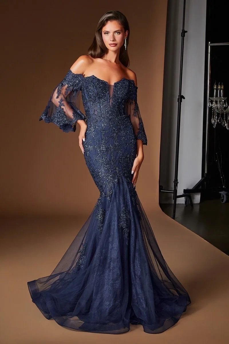 VESTIDO NAVY CON MANGAS CORTE SIRENA CD659