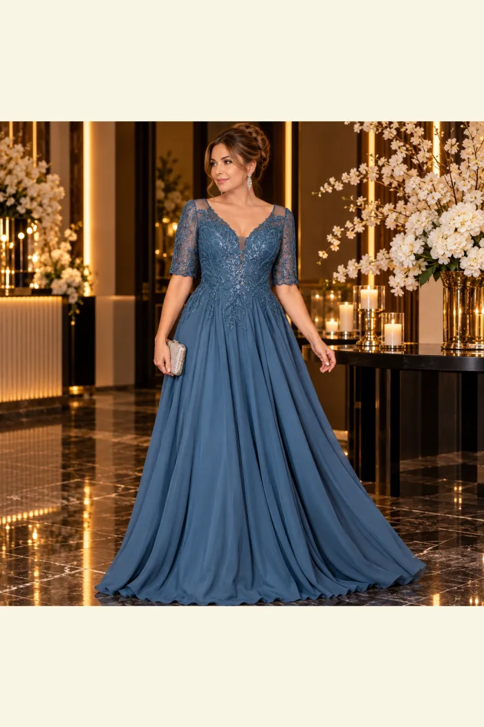 Vestido en azul lumbago con mangas