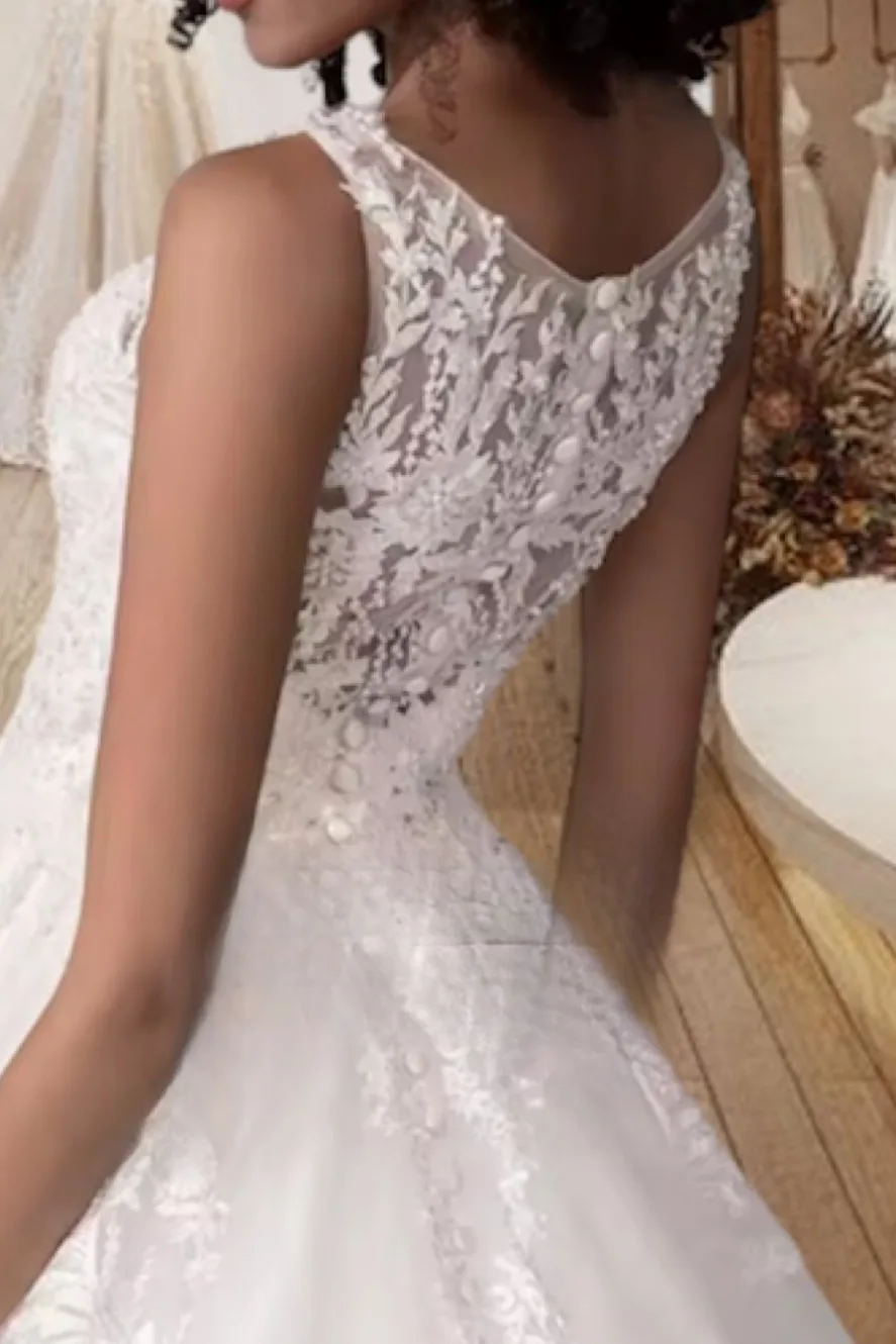 Vestido de novia corte princesa escote en v encaje en la parte de la espalda con botones, vista 2
