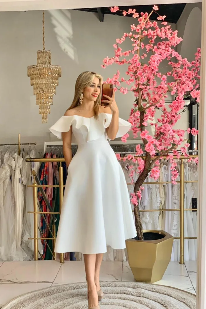 VESTIDO MIDI NEOPRENO BLANCO CAMPESINO OLÁN CORTE CHANNEL