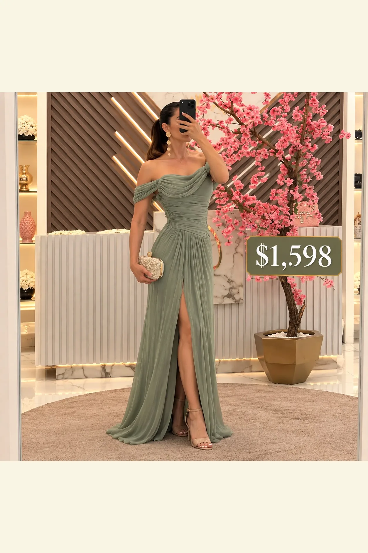 Vestido verde, olivo o safe aventura en pierna, asimétrico del hombro