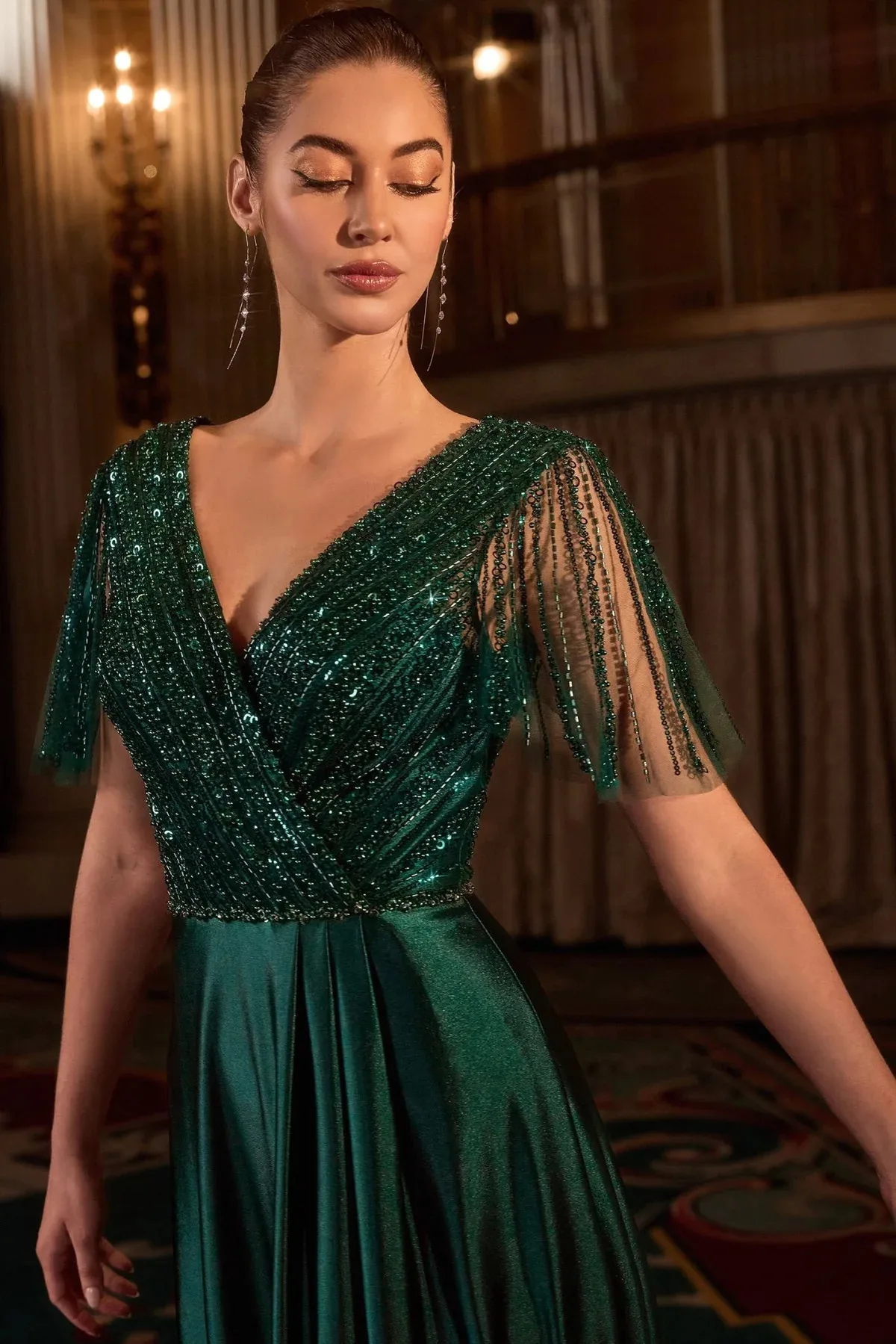 VESTIDO VERDE CON MANGAS EN CORTE A CC447, vista 2