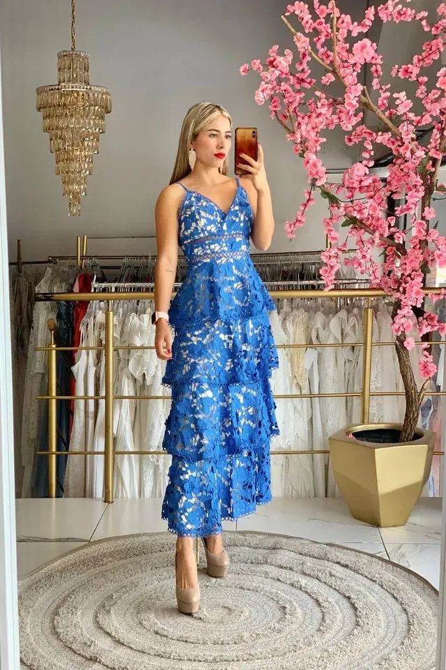 VESTIDO MIDI ENCAJE PASTELONES AZUL REY