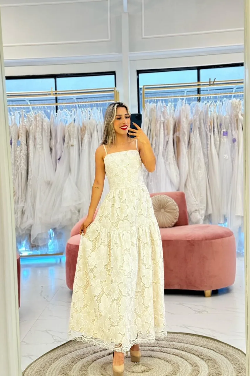 VESTIDO MIDI BEIG ENCjAJE ESTAMPADO FLORES