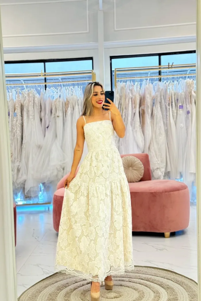 VESTIDO MIDI BEIG ENCjAJE ESTAMPADO FLORES