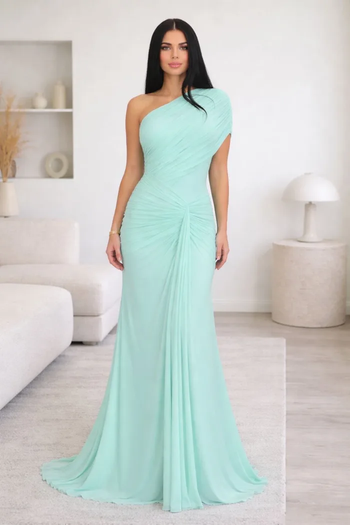 VESTIDO COLOR VERDE AQUA AJUSTADO Y PLIZADO
