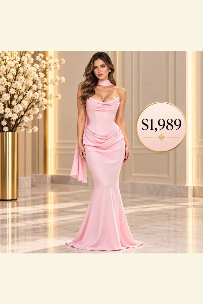 VESTIDO ROSA PASTEL CON DRAPEADO Y SILIETA SIRENA
