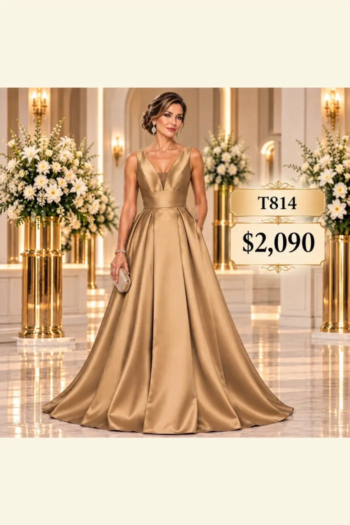 VESTIDO DORADO SATINADO CON ESCOTE V Y FALDA AMPLIA T814