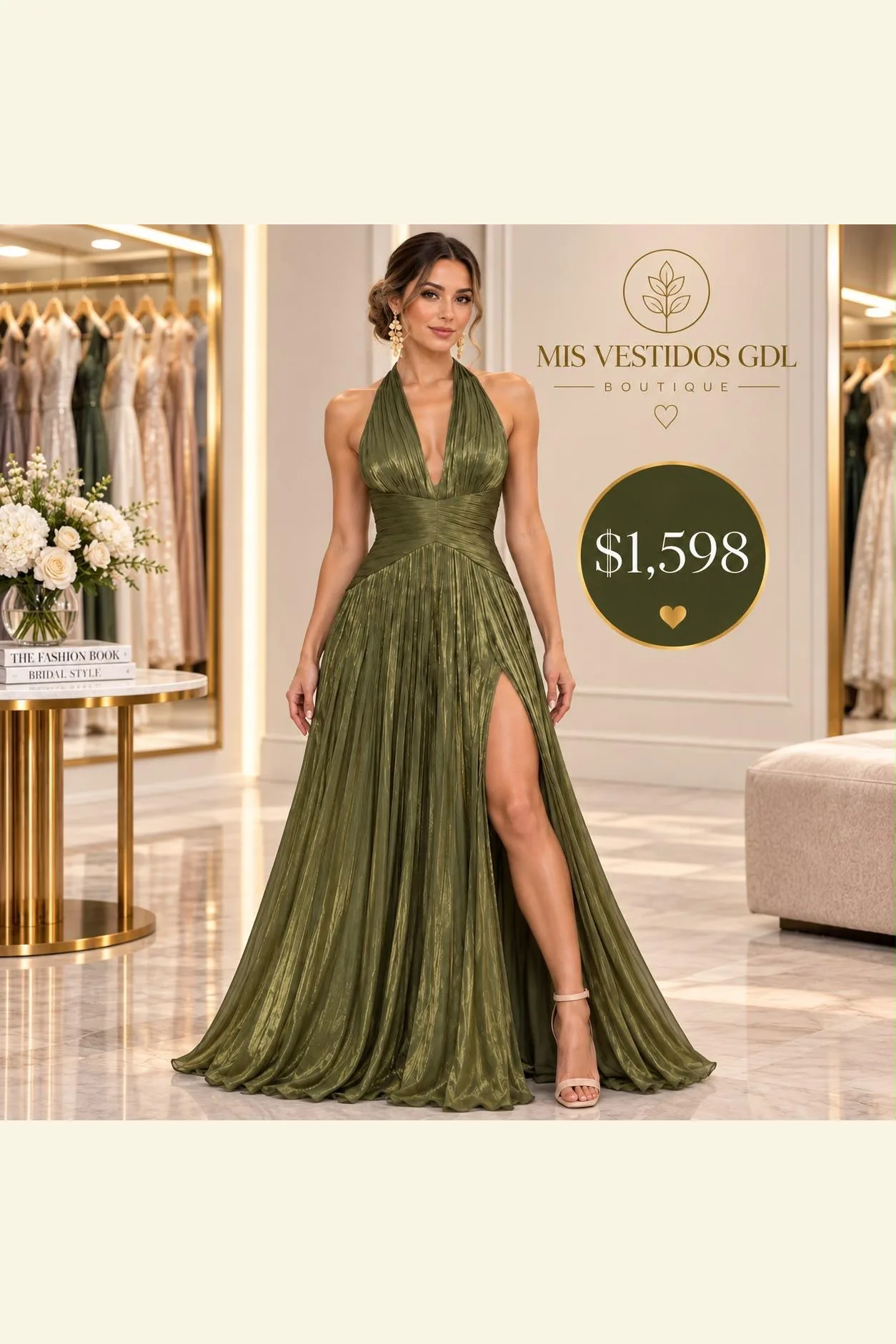 VESTIDO VERDE OLIVO METÁLICO HALTER ABIERTA PIERNA ALTA
