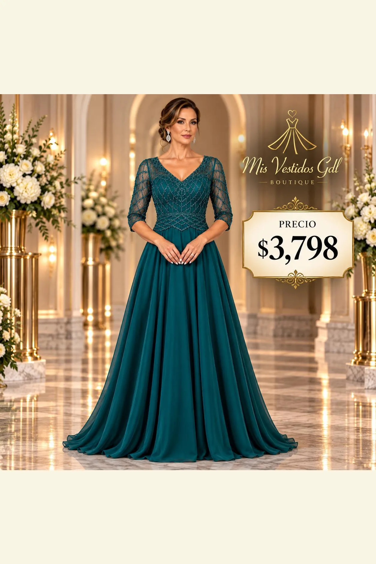VESTIDO VERDE MANGAS 3/4 ESCOTE V CON DETALLES
