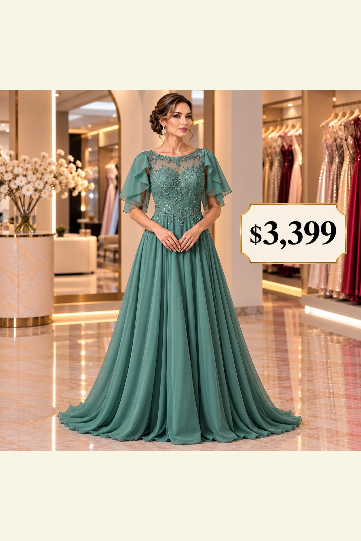 Vestido en color Aqua, con manguita en Shifon
