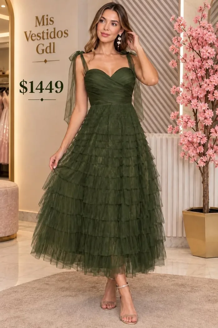 VESTIDO VERDE OLIVO CON FALDA DE VOLANTES