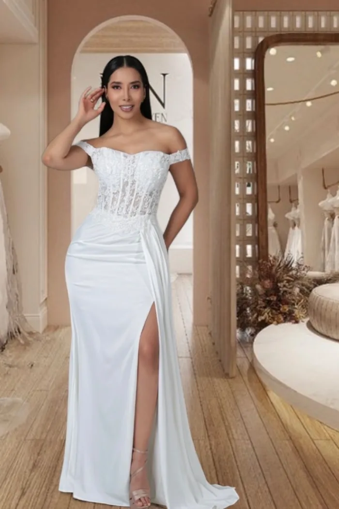Vestido de novia corte sirena con los hombros descubiertos en satin y abertura en pierna