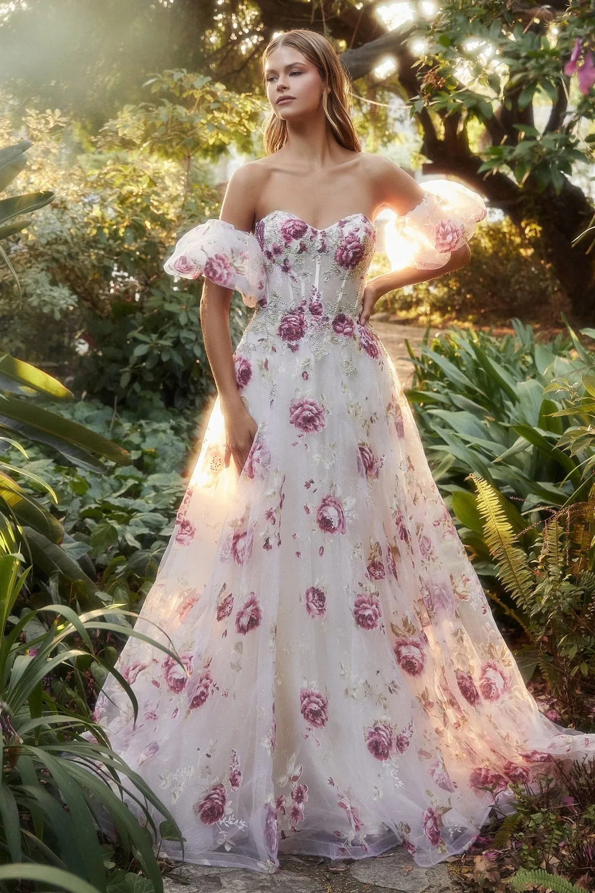 VESTIDO FIESTA CORSET MANGA DESMONTABLE CORTE PRINCESA ESTAMPADO FLORES, vista 2