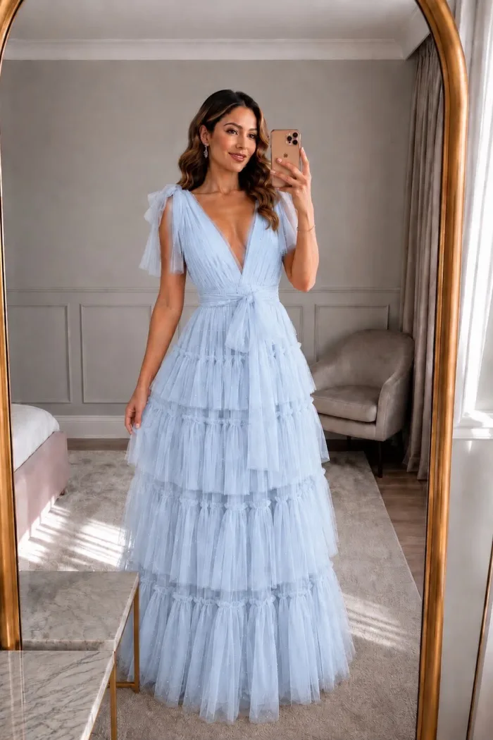 VESTIDO COLOR AZUL, CORTE MIDI DE TUL