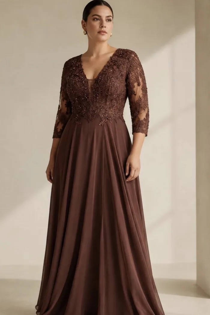 Vestido de fiesta largo marrón con encaje