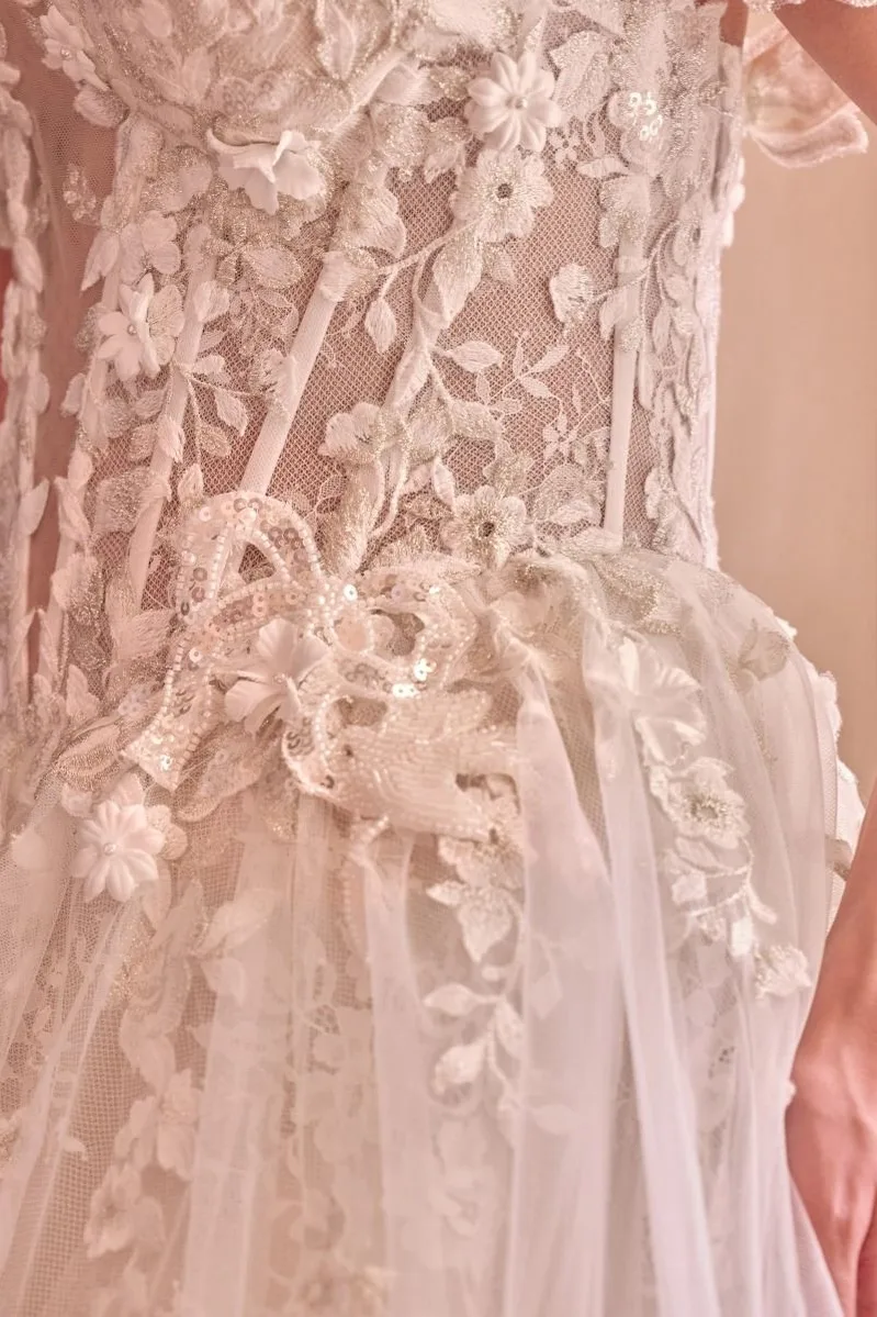 VESTIDO NOVIA HOMBROS CAÍDOS IVORY  APLICACIÓN EN FLORES 3D MOD. WL093, vista 3