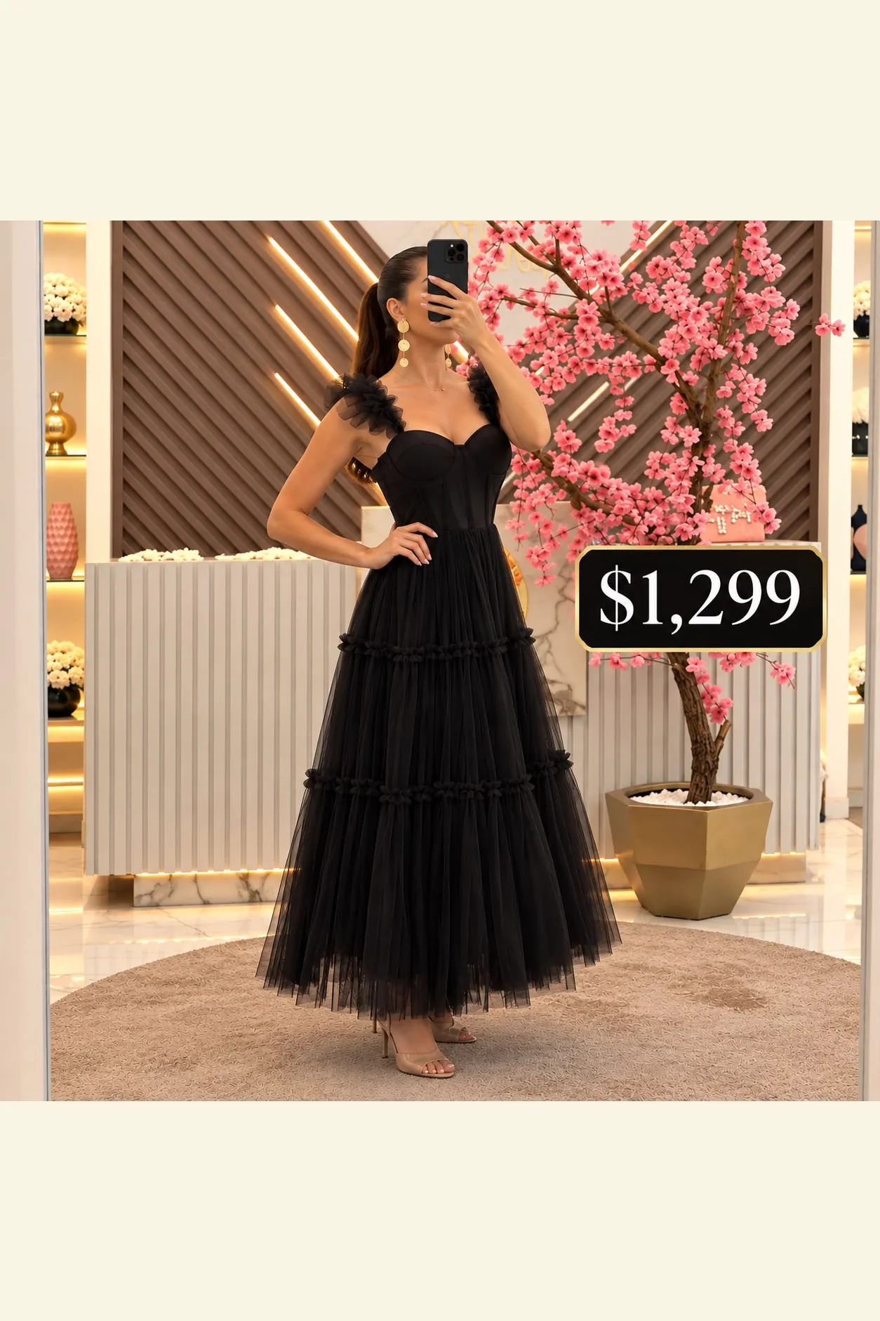 Vestido Midi, color negro en tul, vista 2