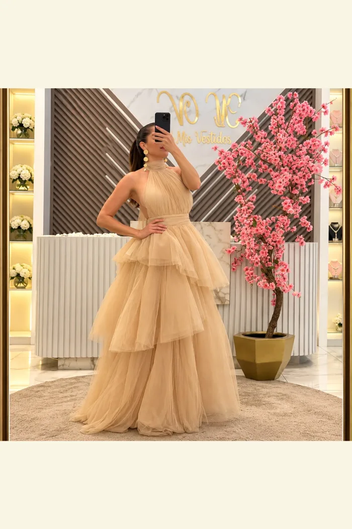 VESTIDO HALTHER  TUL CHAMPAEGNE  RVD4918