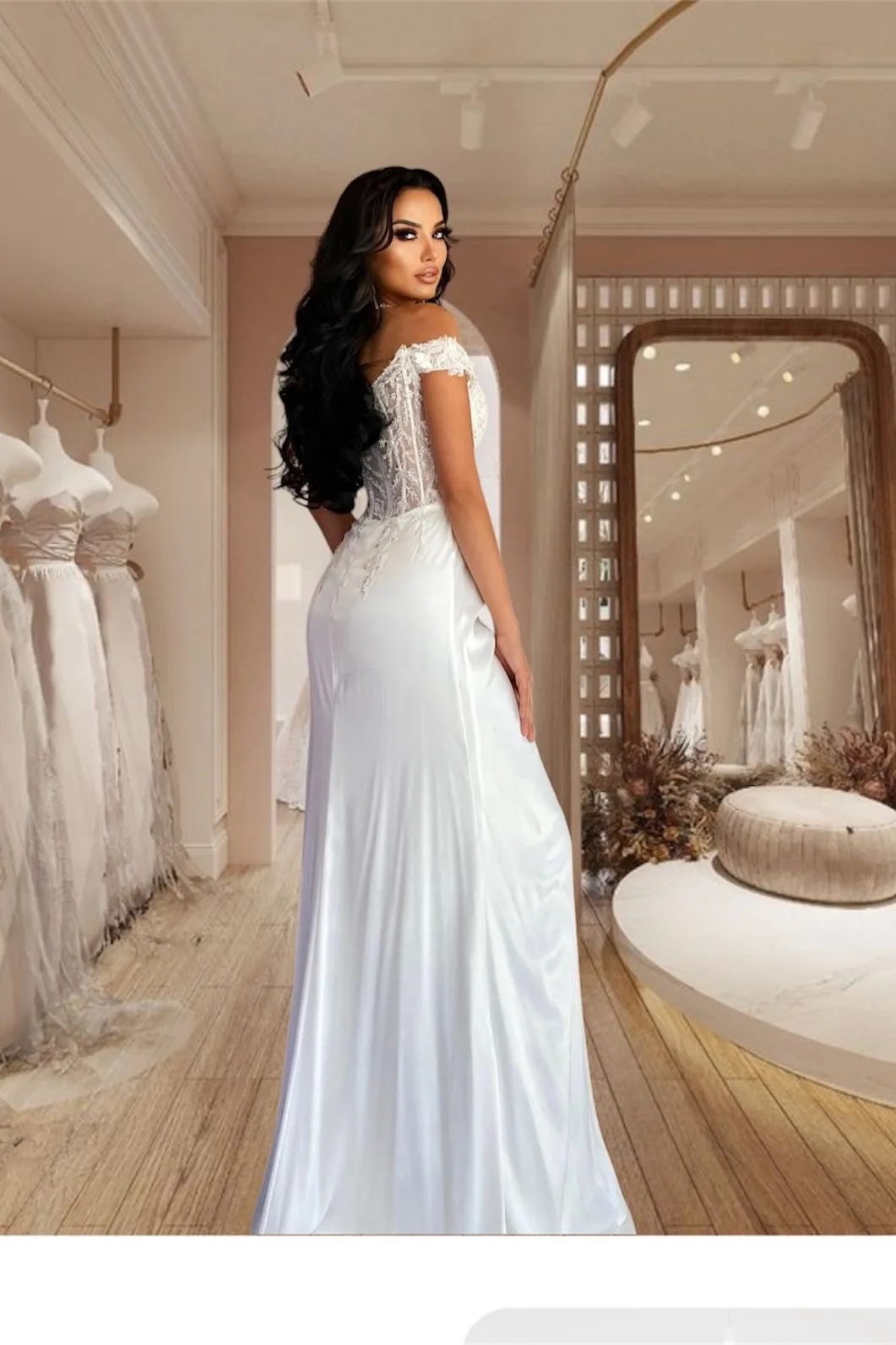 Vestidos sirena, hombros, descubierto con encaje y satín y abertura en la pierna