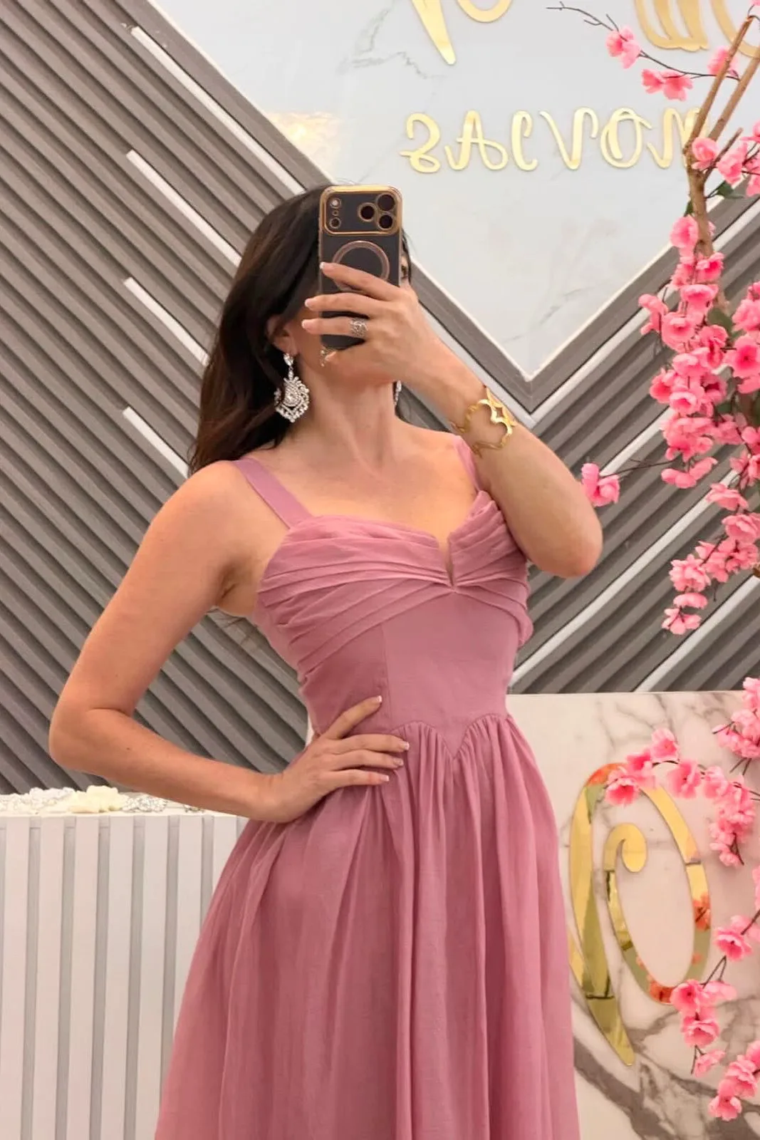 VESTIDO MIDI ROSA CORTE A, vista 2