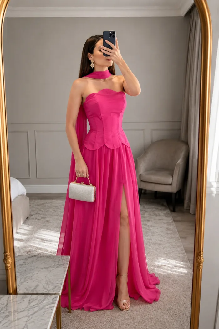 Vestido de fiesta fucsia con corsé y abertura