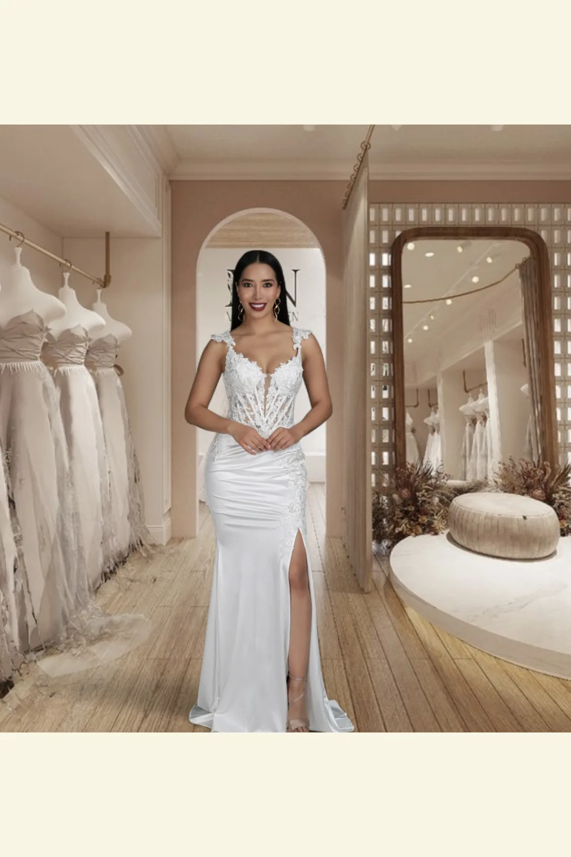 Vestido de novia con aplicaciones en la parte alta y tirantes con abertura en la pierna en satina