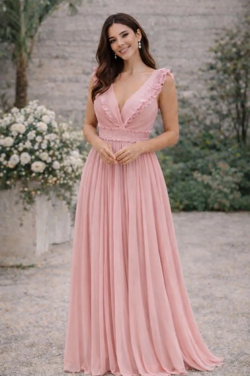 VESTIDOS COLOR ROSA MAXY PLISADO ESCOTE EN V