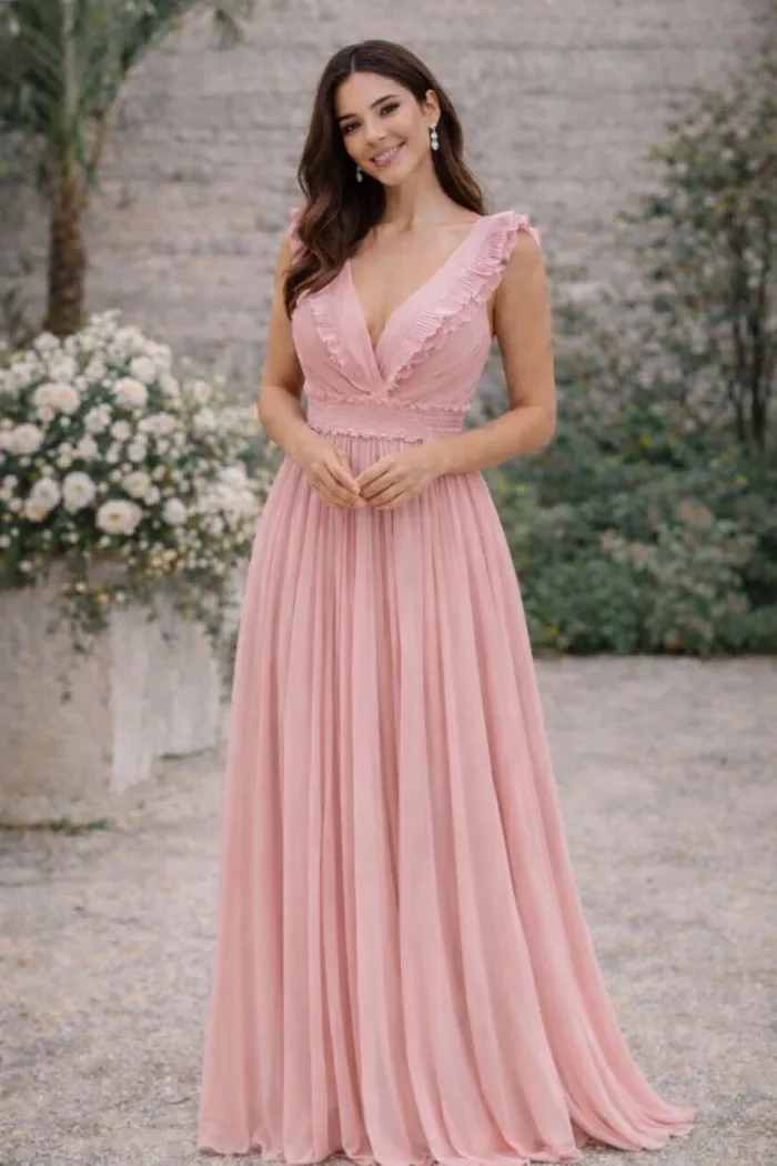 VESTIDOS COLOR ROSA MAXY PLISADO ESCOTE EN V