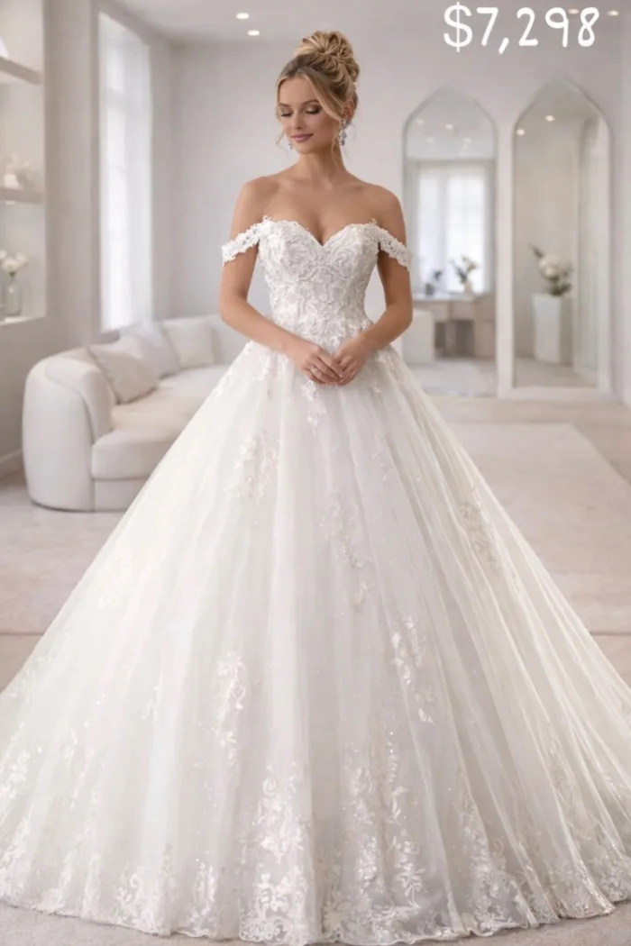 Vestido de novia, corte, princesa, con manguita caídas