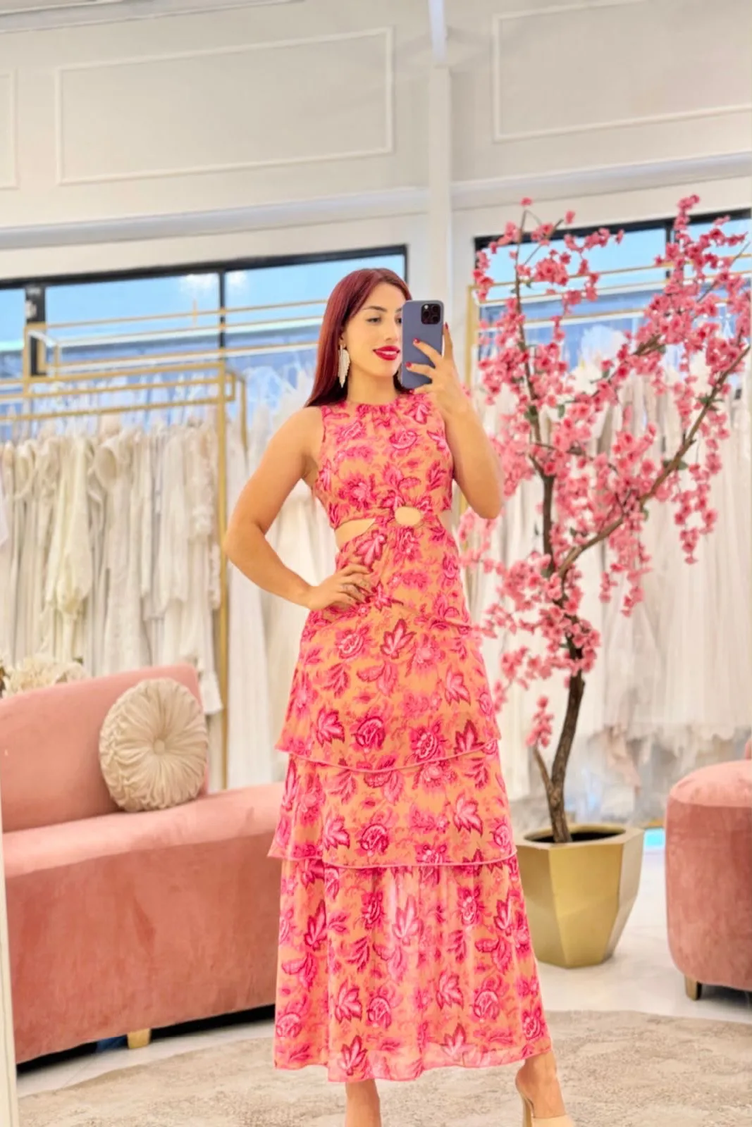 VESTIDO MIDI ROSA PASTOLES FLOREADOS ABERTURA EN COSTADOS
