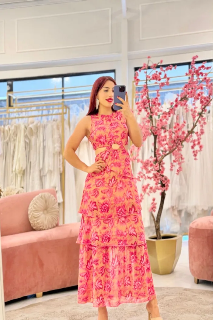 VESTIDO MIDI ROSA PASTOLES FLOREADOS ABERTURA EN COSTADOS