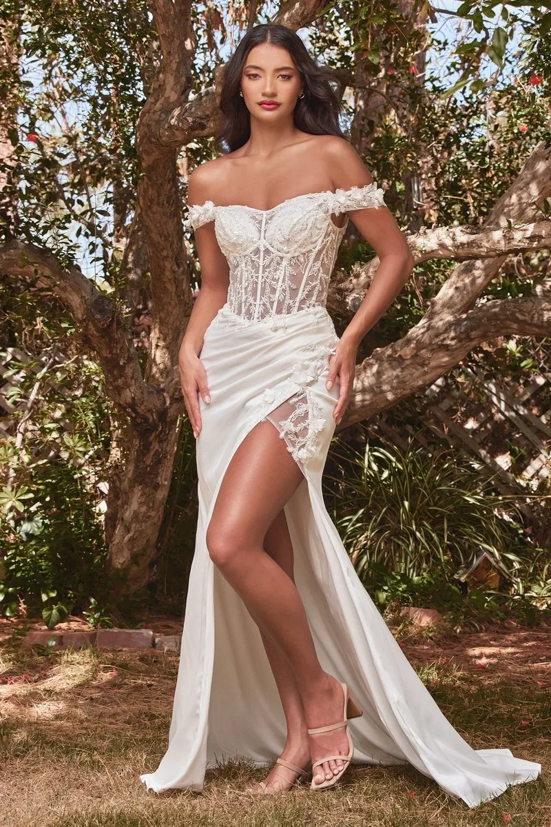 CD0186W vestido de Novia civil, con abertura en la pierna y hombro descubierto en Encaje, vista 3