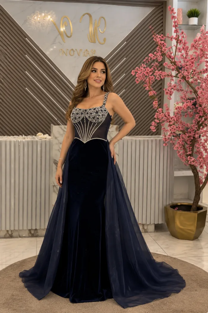 Vestido de fiesta azul marino con pedrería