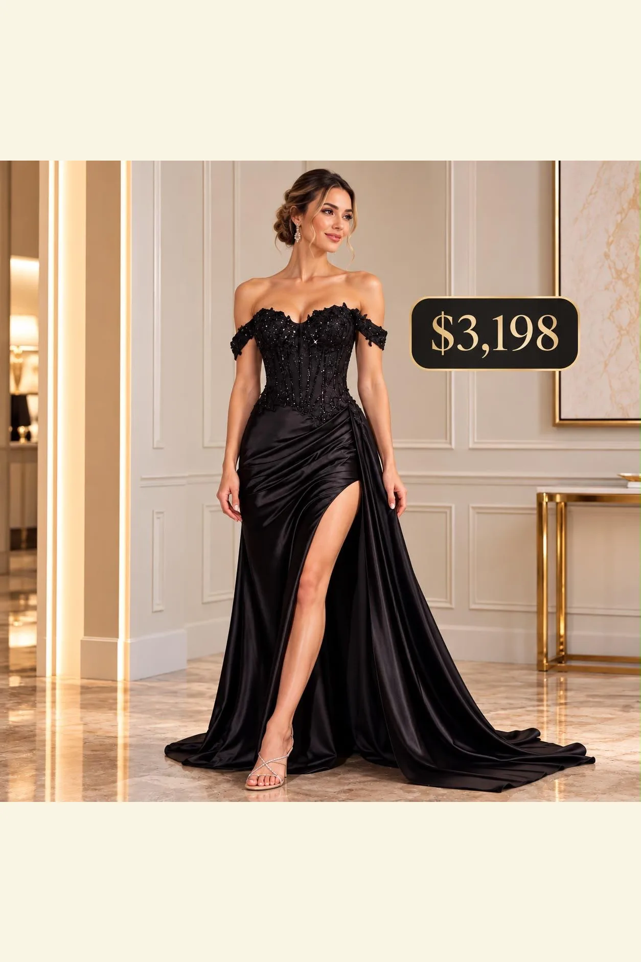 VESTIDO NEGRO ELEGANTE CON PEDRERÍA DRAPEADO Y ABIERTA EN PIERNA