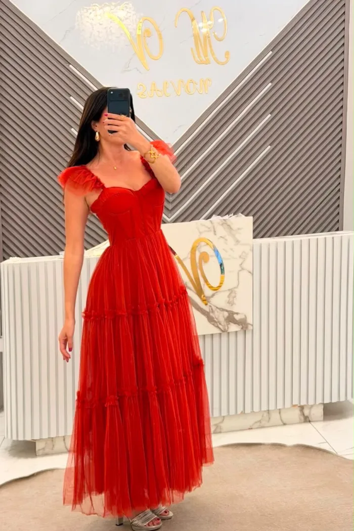 VESTIDO MIDI COLOR RUST DE TUL