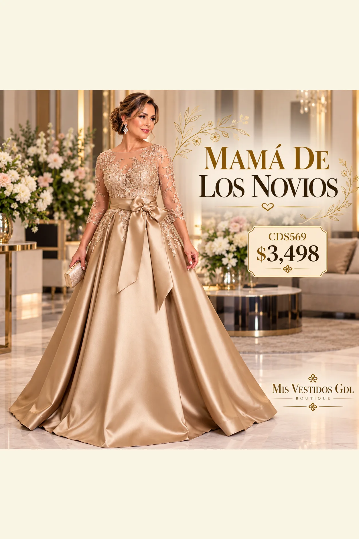 Vestido Dorado, con Mangas y Moño al frente en Encaje, con falda en Razo