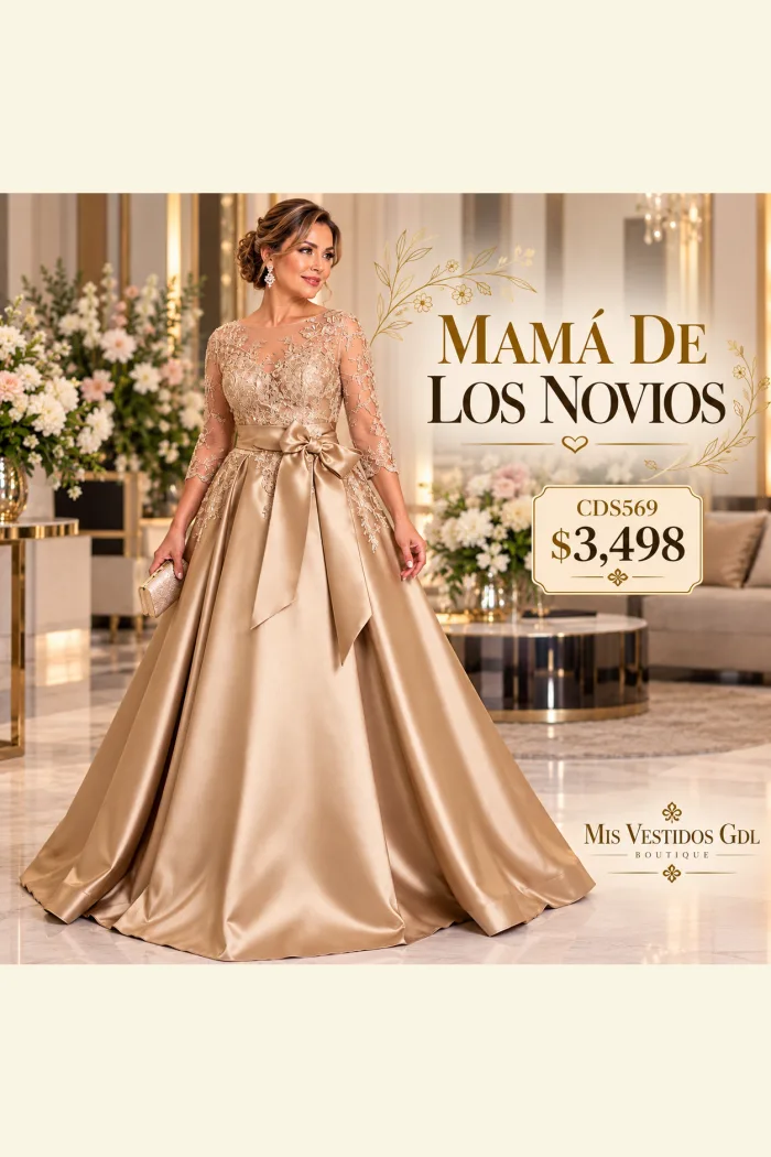 Vestido Dorado, con Mangas y Moño al frente en Encaje, con falda en Razo
