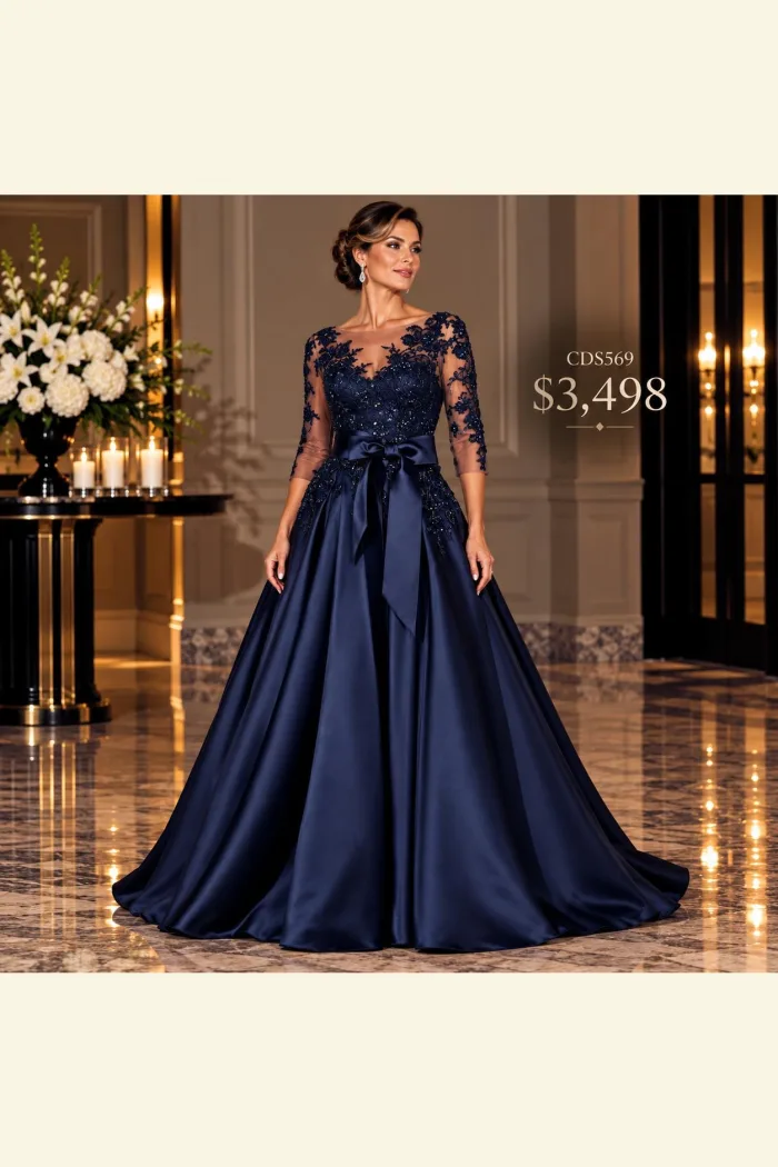 VESTIDO AZUL MARINO CON ENCAJE Y MOÑO SATIN